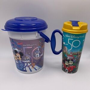Walt Disney World 50th Anniversary Souvenir Popcorn Bucket/Lid & Refillable Mug